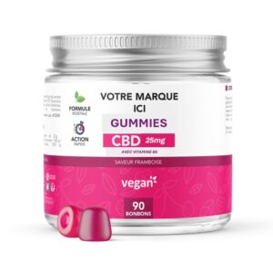 Boîte PET de 90 gummies CBD framboise vegan marque blanche