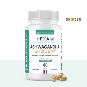 Pilulier Ashwagandha Shoden® HexaPURE® de 60 gélules, marque Hexa3