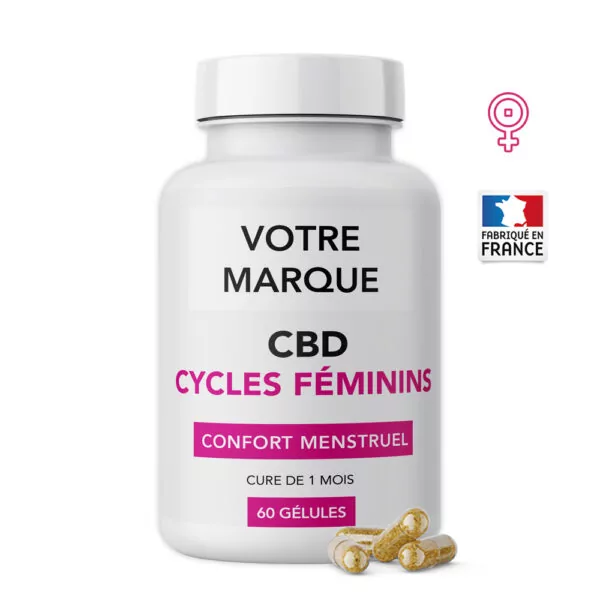Pilulier de 60 gélules CBD cycles féminins marque blanche à enveloppe végétale