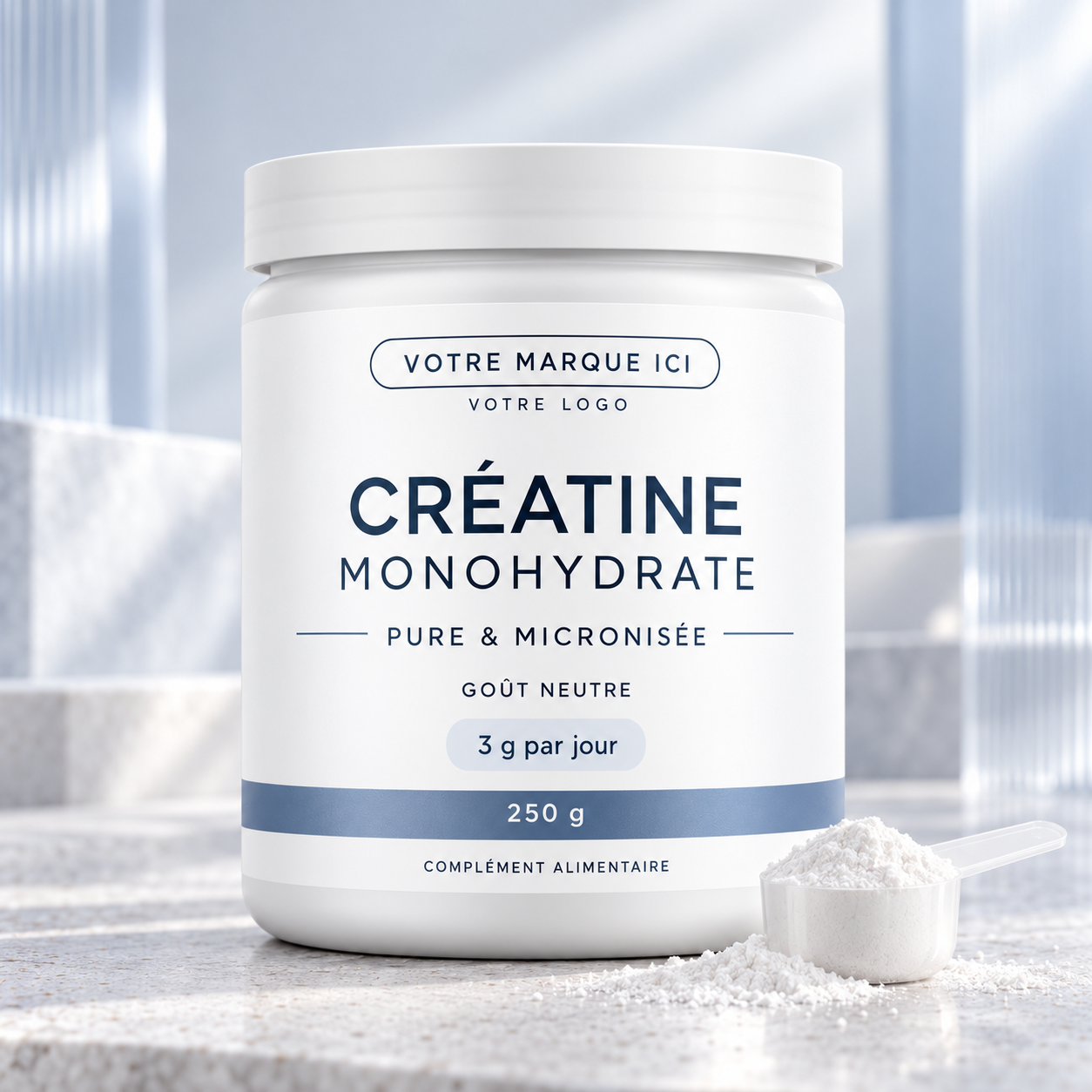 Créatine monohydrate en marque blanche, pot de 250 g à habiller de votre étiquette