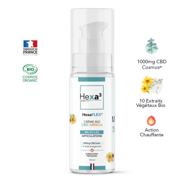 creme CBD arnica Bio 100ml HexaFLEX de Hexa3 fabriquée en France