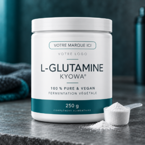 Pot de glutamine Kyowa en poudre neutre, marque blanche, avec dosette de 5 g