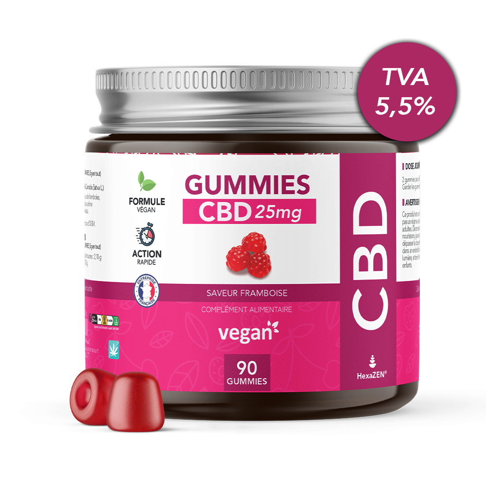 boite de 90 gummies CBD 25mg saveur framboise