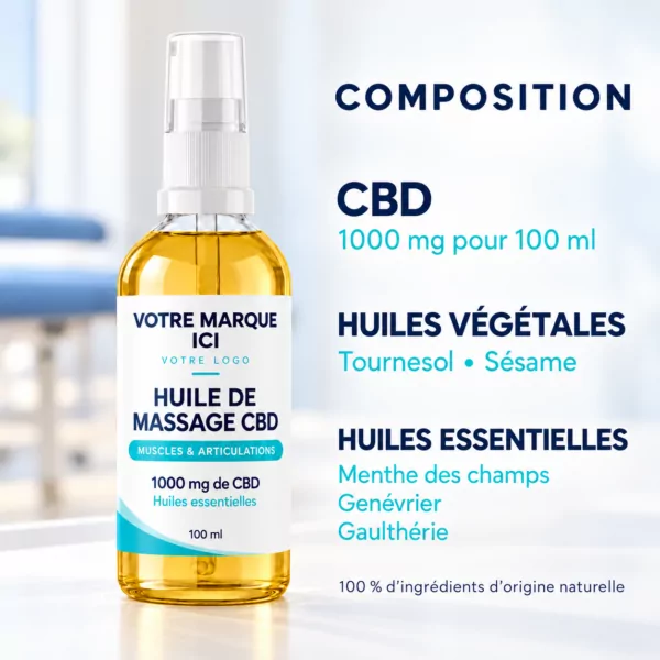 Huile de Massage CBD 1000mg Marque Blanche