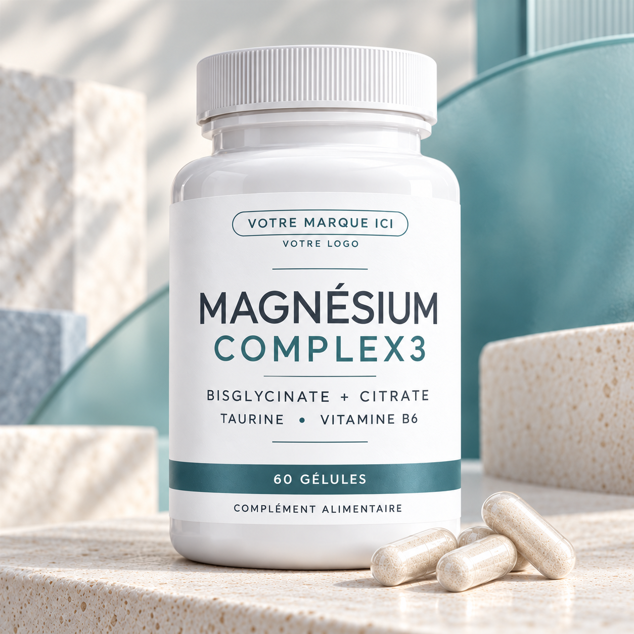 Magnésium Albion® complexe en Marque Blanche, même composition en pilulier de 60 gélules