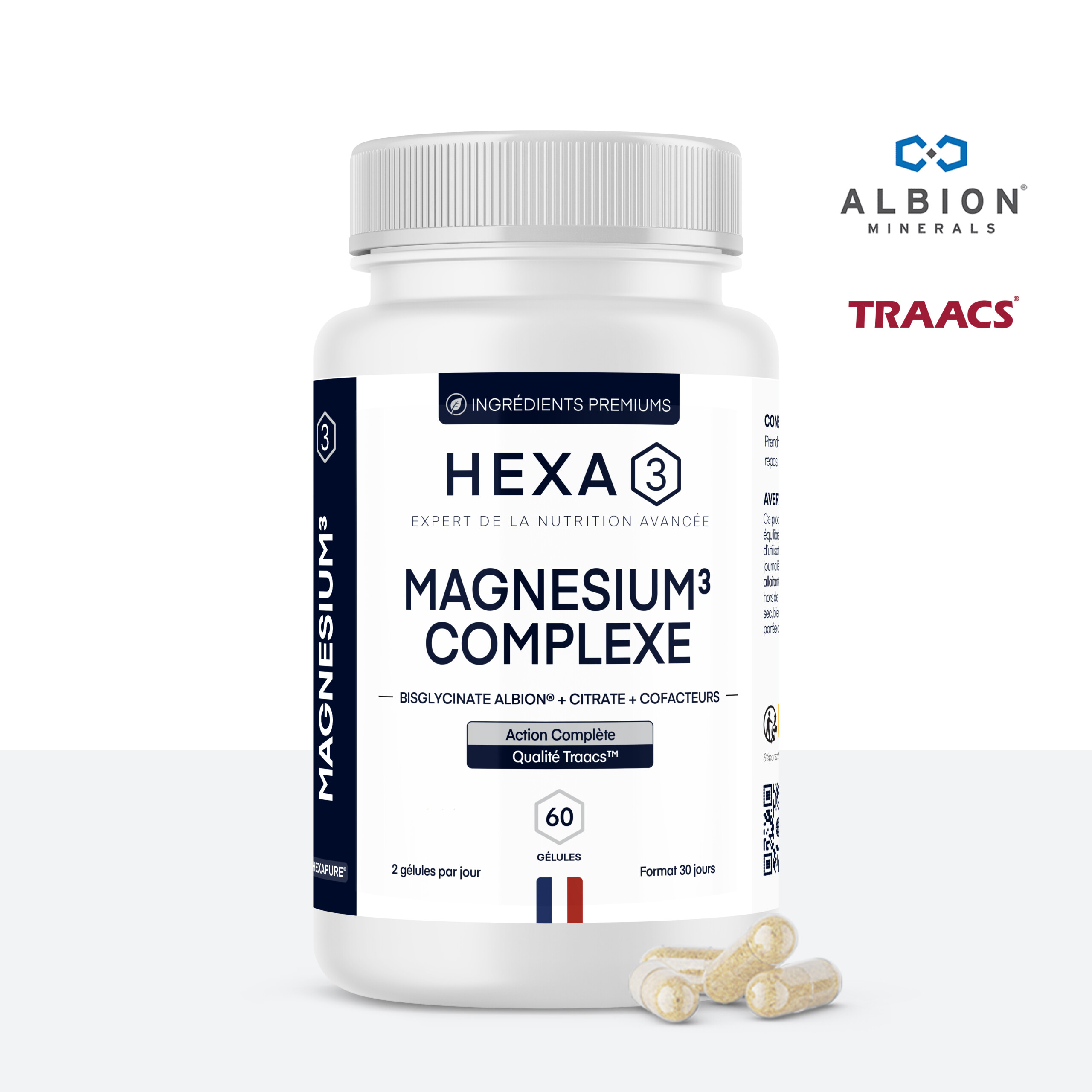 Pilulier du complexe de magnésium HexaPURE® de 60 gélules, marque Hexa3