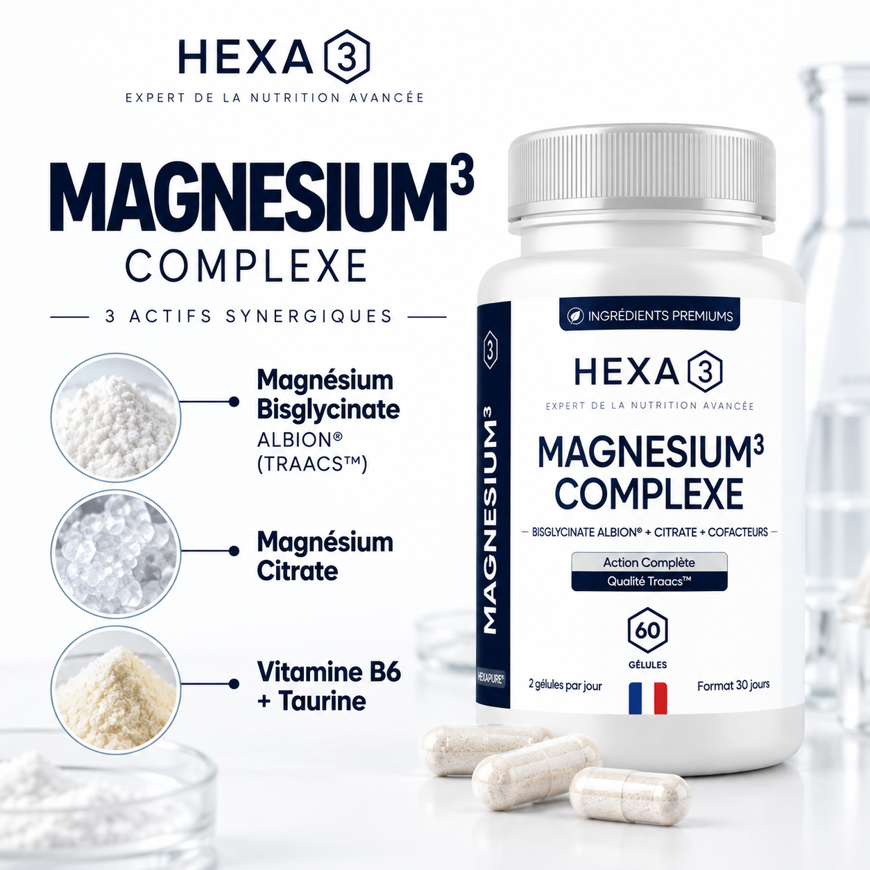 Vue de face du complexe de magnésium HexaPURE® en pilulier de 60 gélules