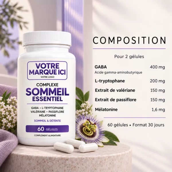 Composition du complexe sommeil marque blanche : GABA, tryptophane, valériane, passiflore, mélatonine