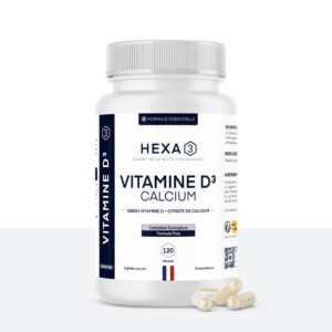 Pilulier Vitamine D3 2000UI + Calcium HexaPURE® de 120 gélules, marque Hexa3